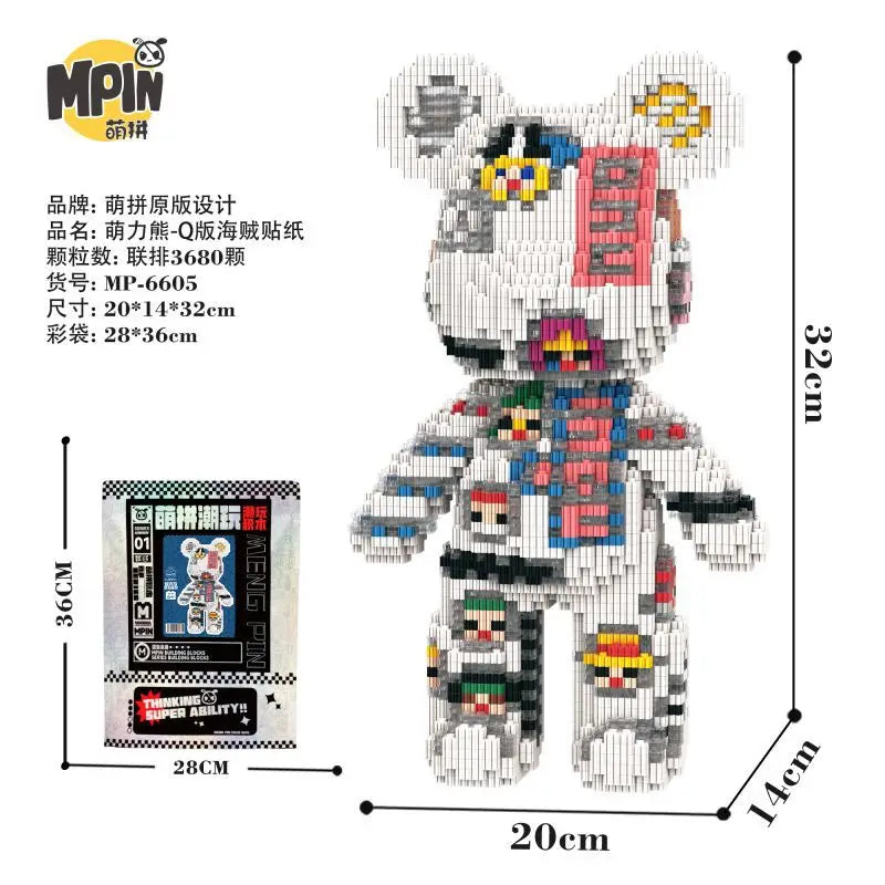A detailed building block set shaped like a bear, featuring various colored bricks and components for fluid art.