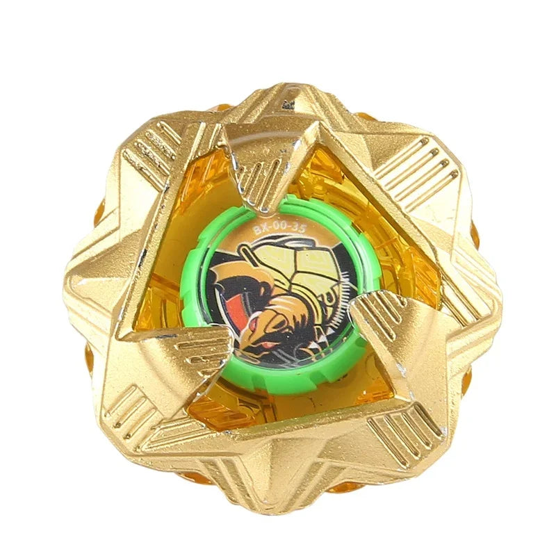 A gold metal spinning top with a faceted design and a green center.