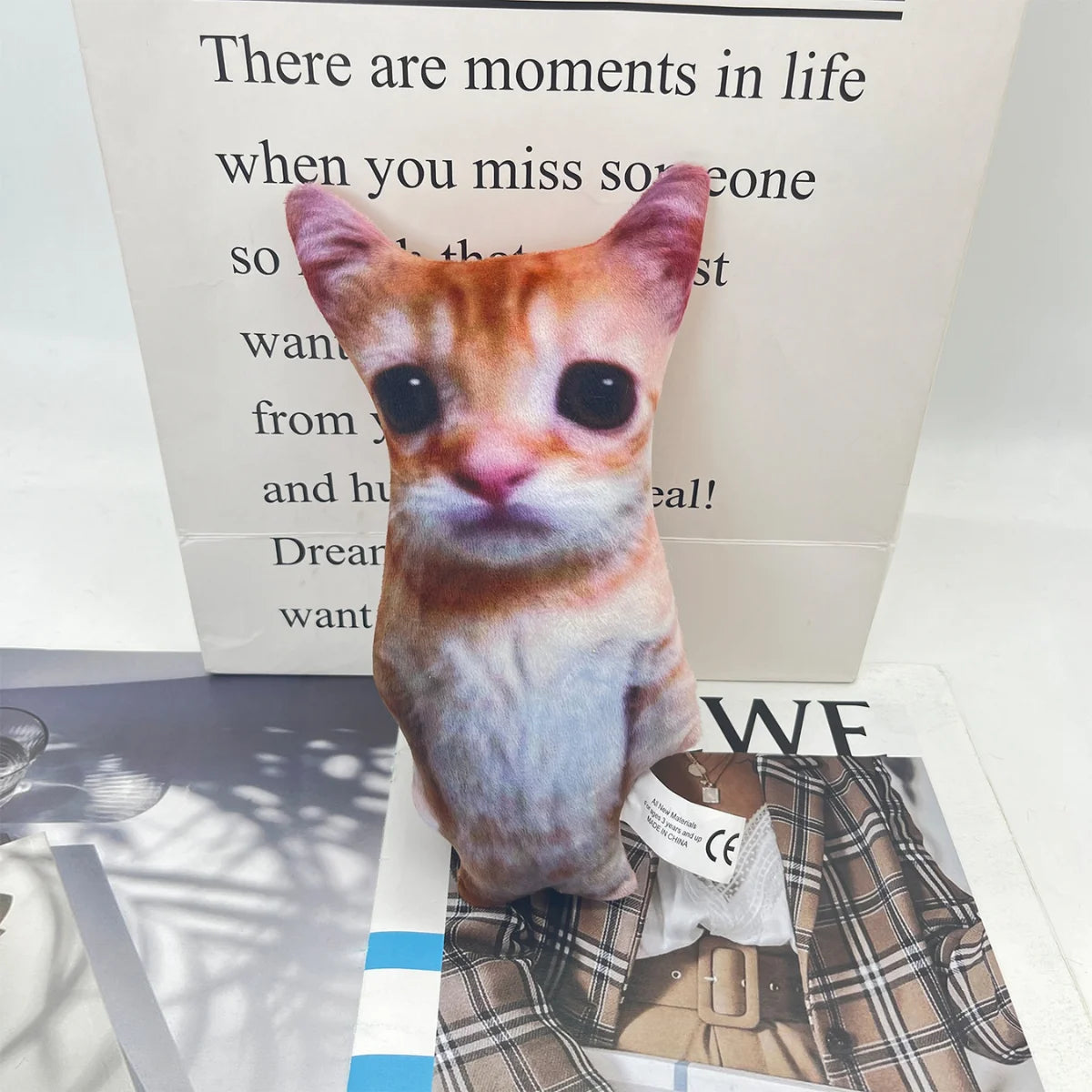 A small, orange and white cat plush doll is displayed in front of a box with text about missing someone.