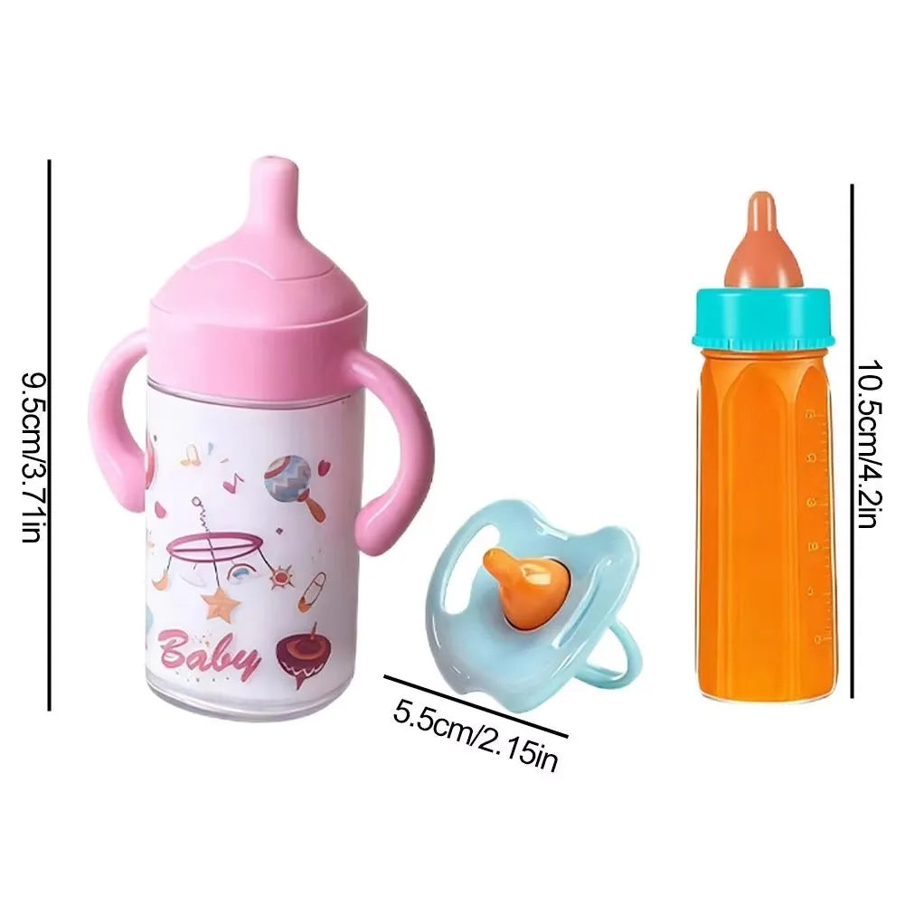 A pink baby bottle with a silicone feeding pump and an orange bottle, along with a blue feeding accessory.