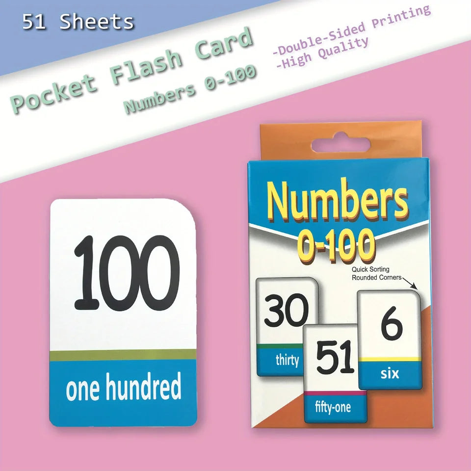 A set of 51 double-sided number flash cards for numbers 0-100, including cards like 100, 30, 51, and 6.
