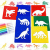 A set of dinosaur painting stencils and washable markers for kids, featuring various dinosaur shapes in red, purple, green, a