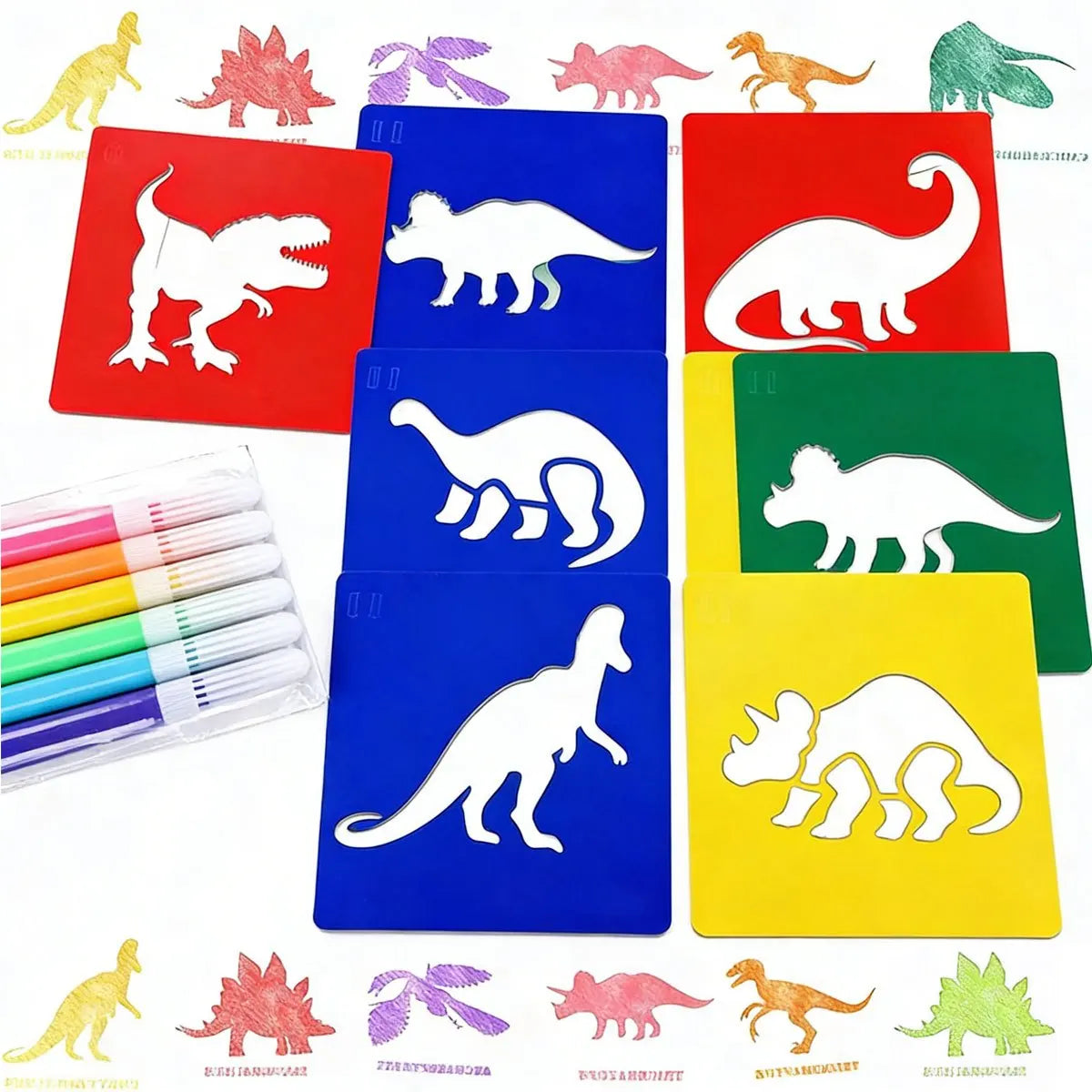 A set of dinosaur painting stencils and washable markers for kids, featuring various dinosaur shapes in red, purple, green, a
