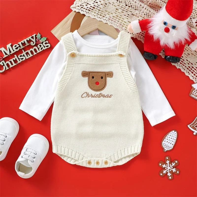A cream knit baby romper with a brown Santa embroidery on the chest, displayed on a red background.