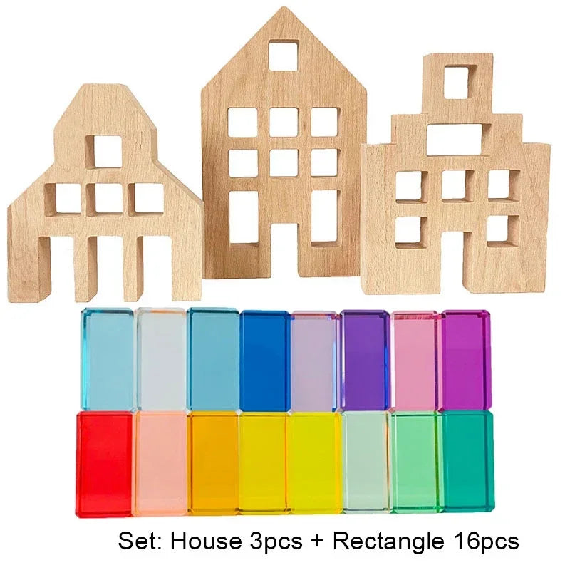 A set of wooden house blocks and rectangular blocks in various rainbow colors for creative play