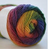 A spool of hand-dyed rainbow merino wool yarn showing various shades of purple, green, orange, and yellow.