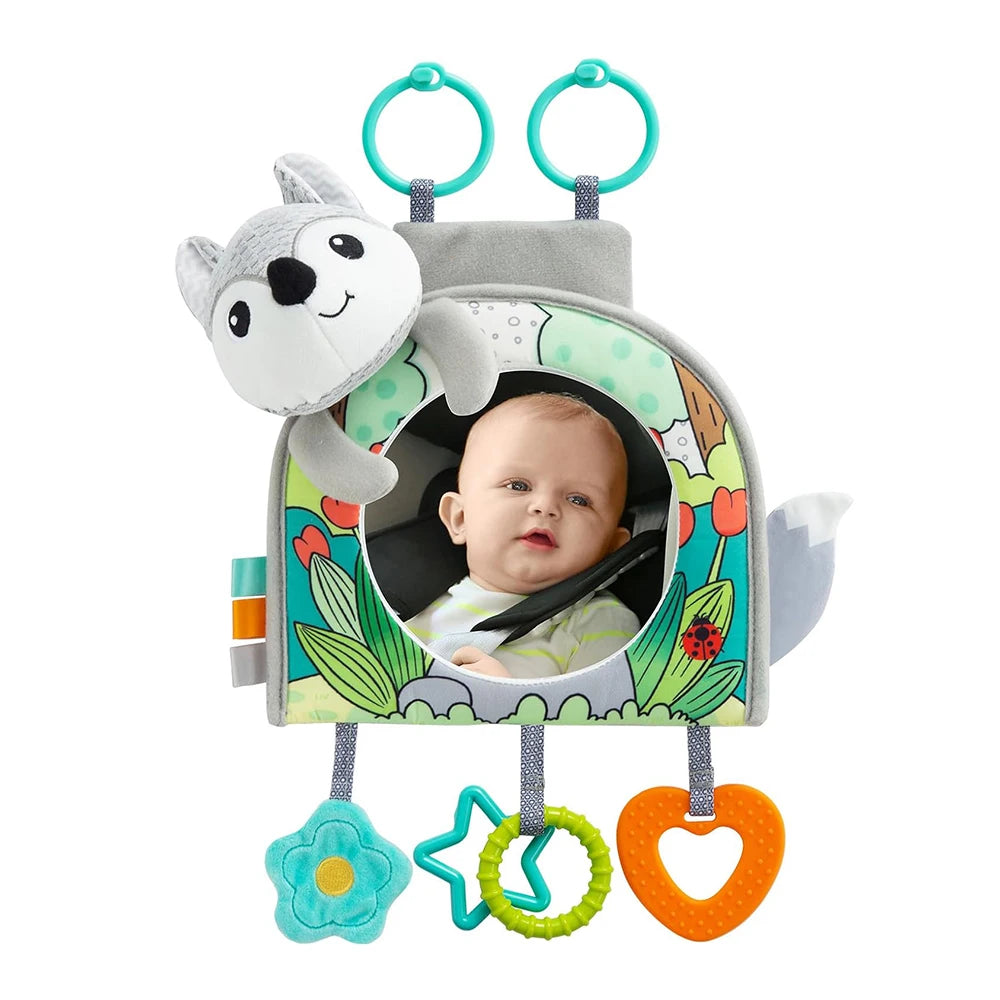 Baby Car Seat Toy with Mirror, Crinkle Paper & Teether