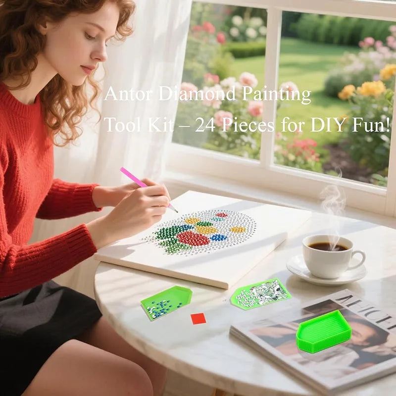 A woman is painting a diamond art piece using a tool kit for DIY fun.