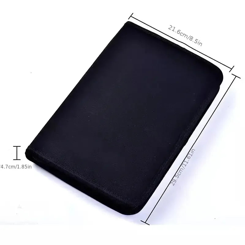 A black drawing and sketching art set with dimensions 21.6cm by 29.5cm.