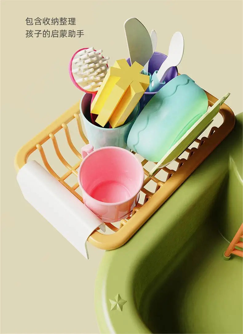 Un juego de utensilios de cocina coloridos, incluyendo una esponja, utensilios de plástico y una taza rosa, colocados en un f