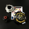 A set of magnetic spinning tops, including a metal top and a black and gold spinning top, displayed on a dark surface.