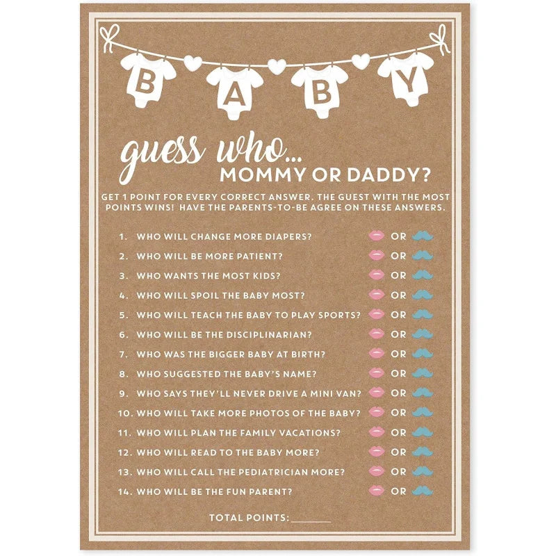 Baby Shower Guess Who Game Cards (Set of 10) for Mom or Dad