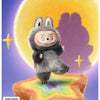 A gray Labubu vinyl plush pendant with colorful teeth and large eyes is displayed against a yellow moon background.