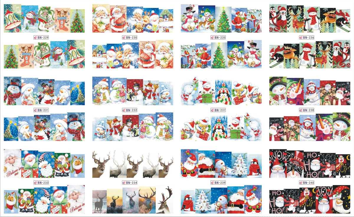 A collection of Christmas themed nail art stickers featuring Santa Claus, snowmen, reindeer, and festive holiday scenes.