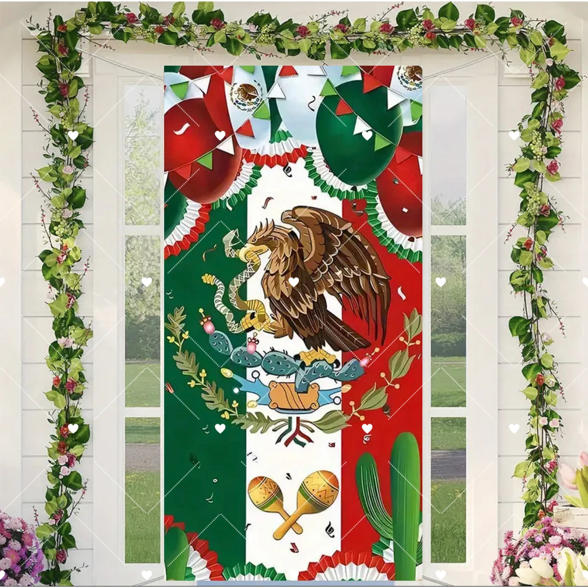 Viva Mexico door cover featuring an eagle and flag design with green, red, and white elements.
