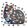 A colorful wooden animal puzzle set featuring a cat, flower, and bee in 3D jigsaw style.