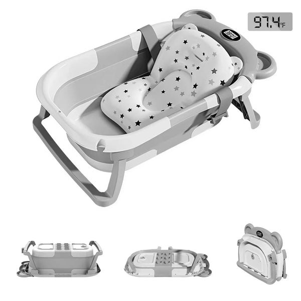 A collapsible travel baby bathtub with a temperature sensor shown in various views.
