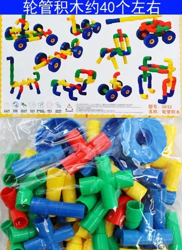 A collection of colorful plastic building blocks and mosaic toys in various shapes and colors.