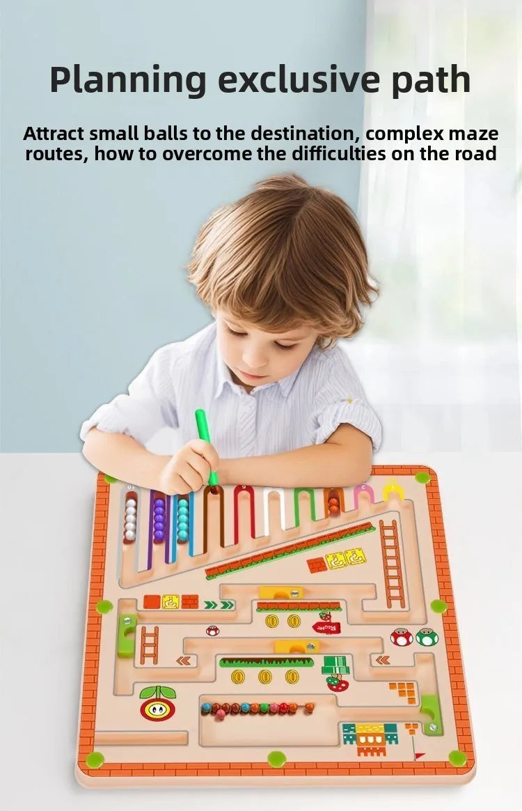 A child is playing with a wooden magnetic color and number maze toy designed for counting and fine motor skills.