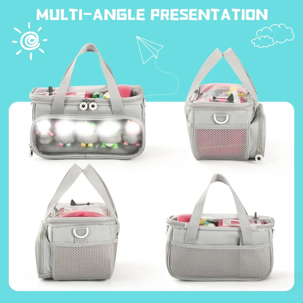 A multi-angle presentation of a gray Toniebox travel case with an adjustable strap, showing various views.