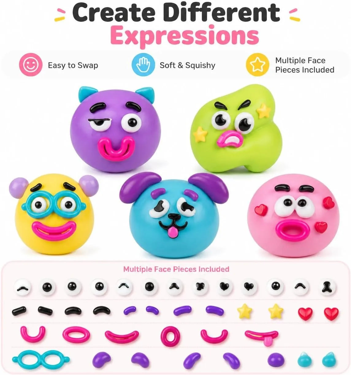 A collection of colorful moldable dog face squishy stress relief toys and multiple face pieces.