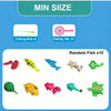 A set of magnetic fishing game components including a fishing rod, net, and ten various colorful fish models.