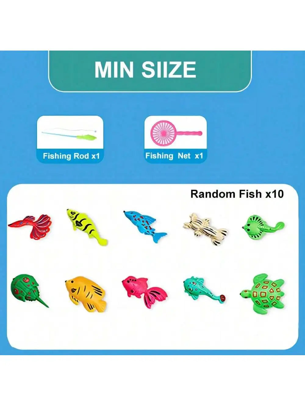 A set of magnetic fishing game components including a fishing rod, net, and ten various colorful fish models.