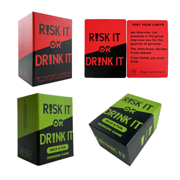 A collection of red and green boxes for a drinking game titled Risk It or Drink It