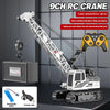 A remote control crane truck with alloy construction is shown, featuring a lifting arm and a battery.