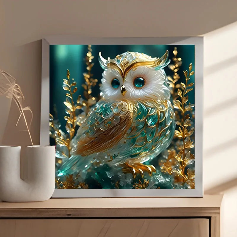 A framed painting of a majestic owl with golden and teal feathers, set against a dark green background.