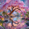 A vibrant landscape diamond painting kit featuring a pink cherry blossom tree and reflective water.
