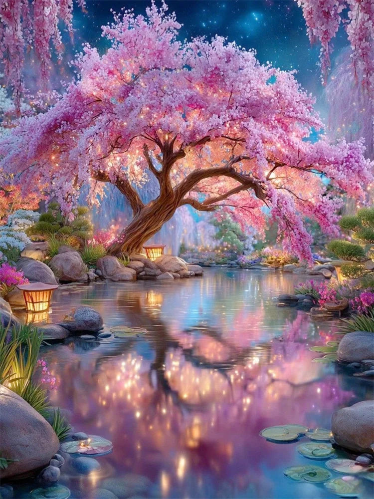 A vibrant landscape diamond painting kit featuring a pink cherry blossom tree and reflective water.