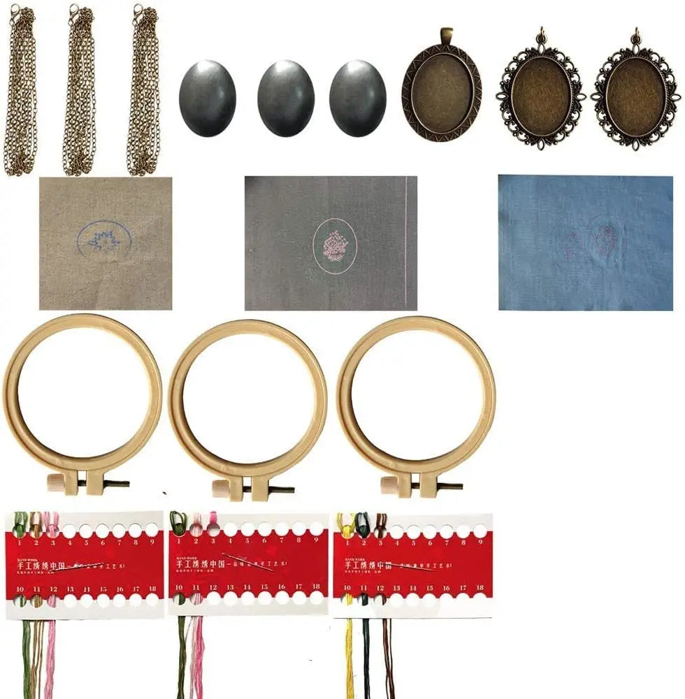 Embroidery Necklace Pendant Starter Kit with Hoop and 3 Patterns
