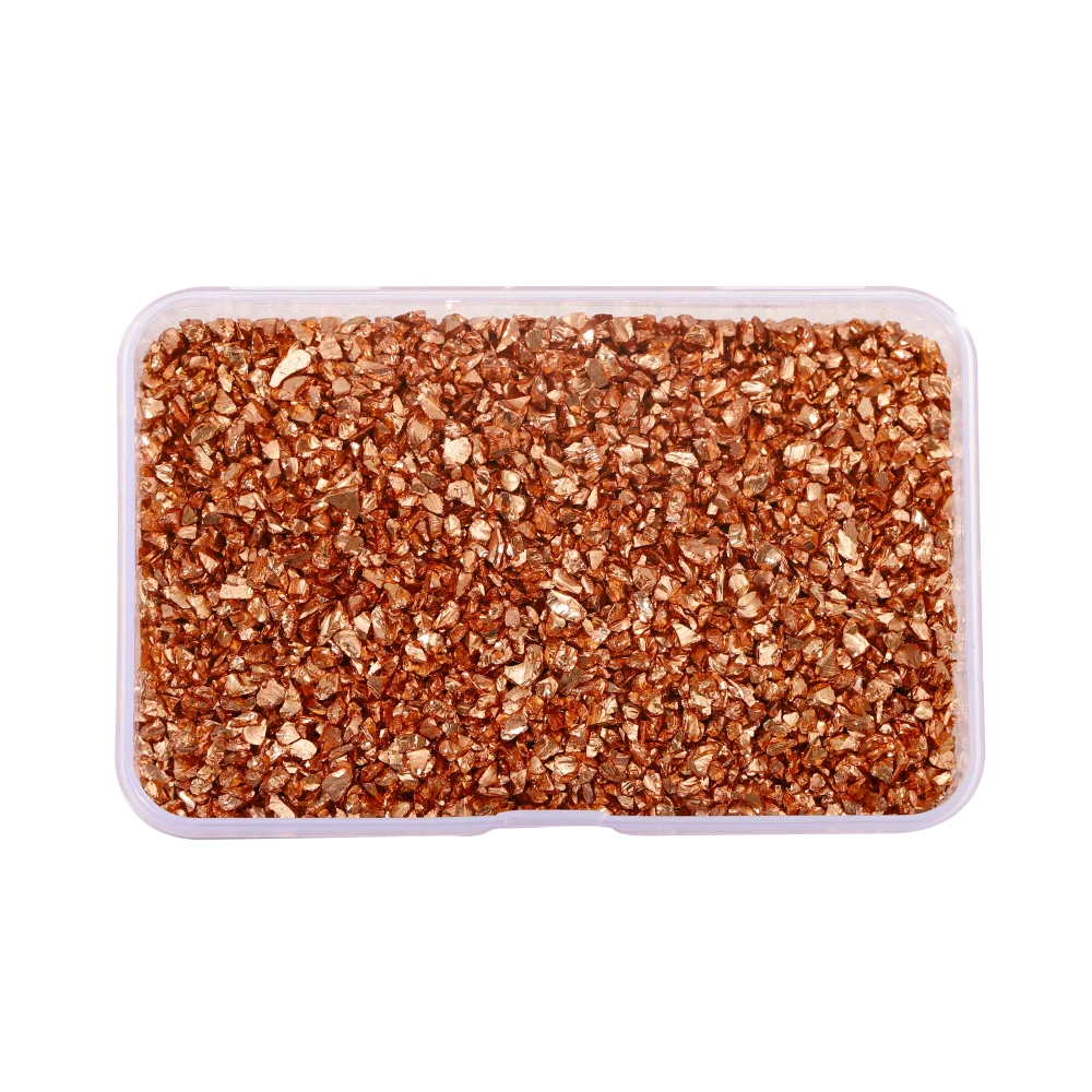 A clear plastic container filled with reddish-brown crushed glass stones for resin and craft projects.