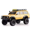 A yellow 1:18 scale remote control off-road climbing car with a black roof rack and auxiliary lights.