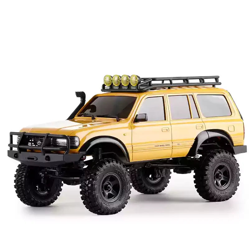 A yellow 1:18 scale remote control off-road climbing car with a black roof rack and auxiliary lights.