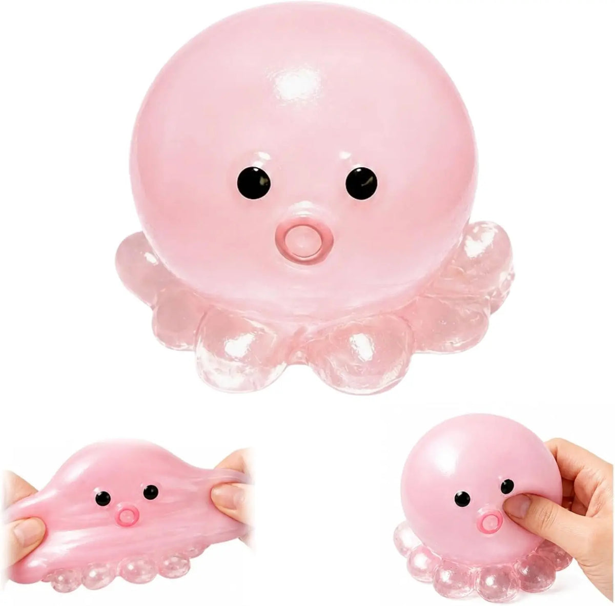 A pink octopus squishy stress ball with small eyes and tentacles shown from above and a hand holding it below.
