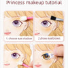 A four-step tutorial showing how to apply princess makeup including eyeshadow, eyebrows, blush, and stick eyelashes.