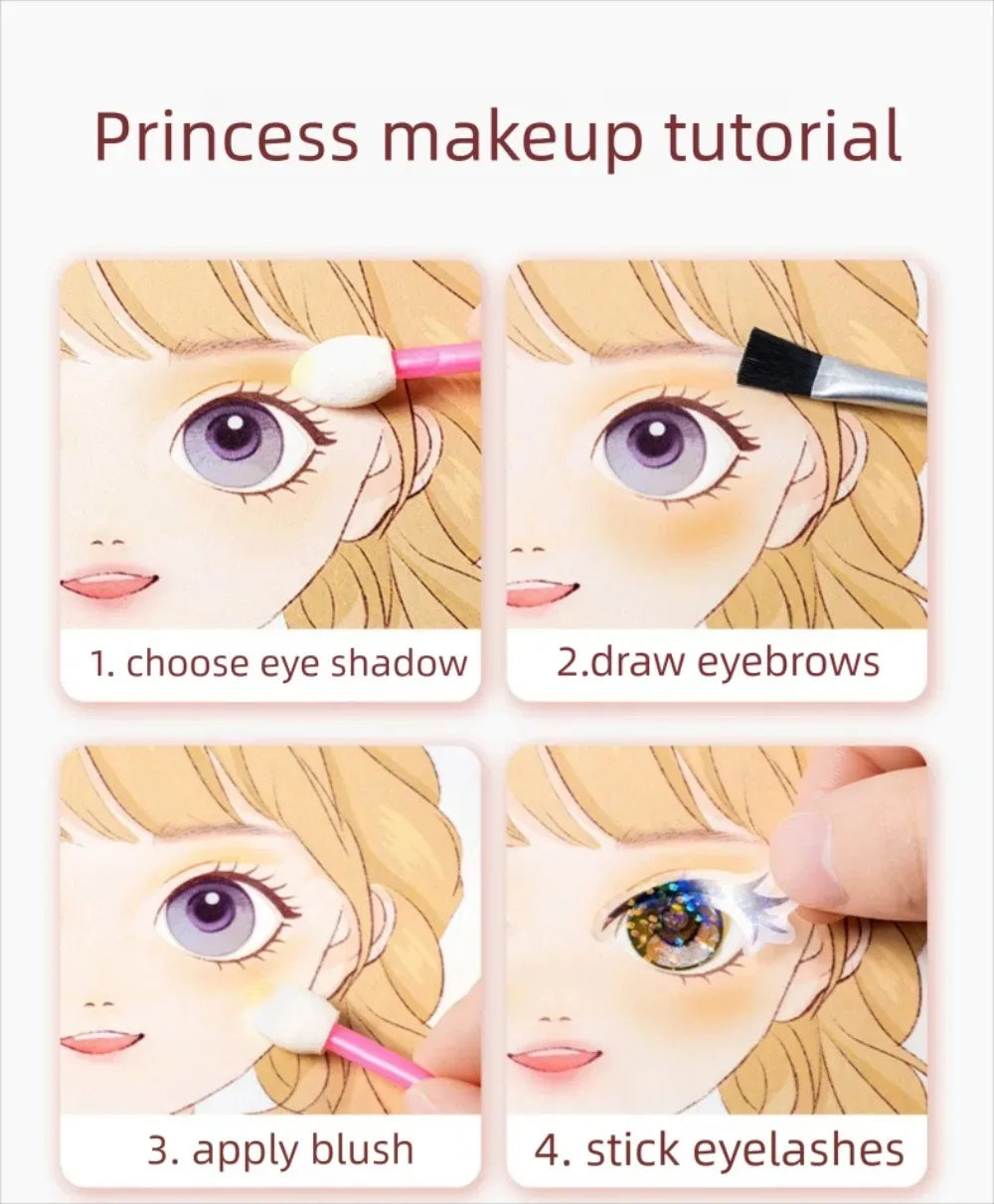 A four-step tutorial showing how to apply princess makeup including eyeshadow, eyebrows, blush, and stick eyelashes.