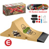 A set of skateboard ramps, rails, and deck components for skateboarding.