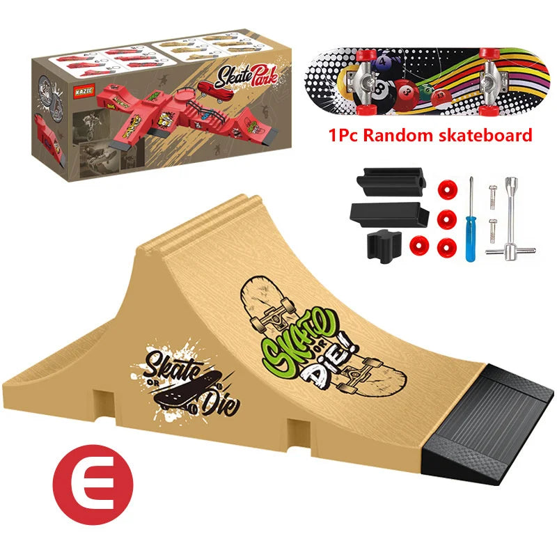 A set of skateboard ramps, rails, and deck components for skateboarding.