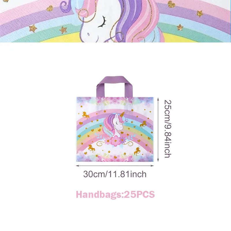 A purple unicorn-themed fabric tote bag with rainbow accents for a girls' birthday party.