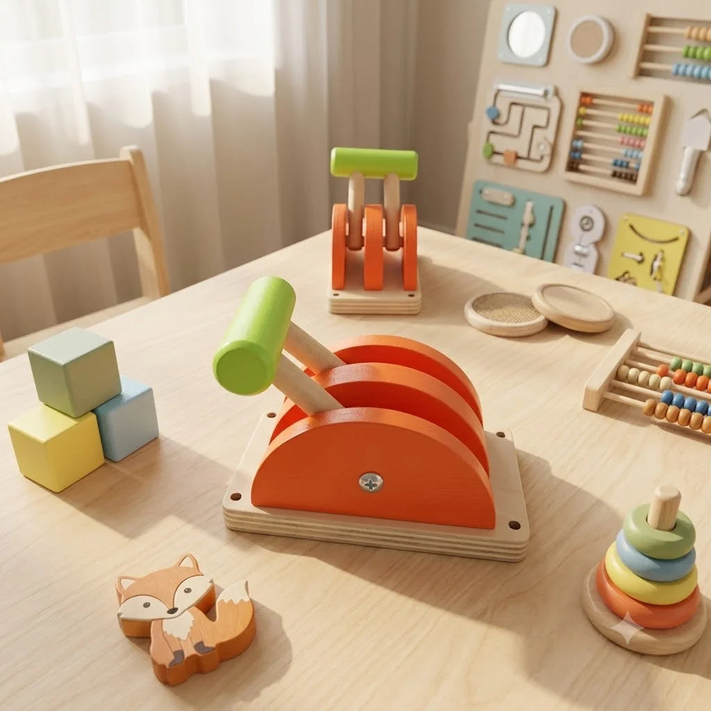 A wooden Montessori busy board for toddlers featuring gears, switches, and an orange sensory activity board.