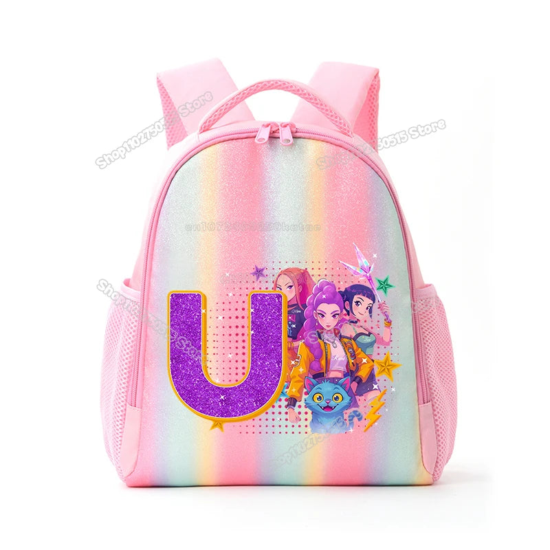 Pink backpack with a purple letter U design featuring anime characters and a rainbow gradient background