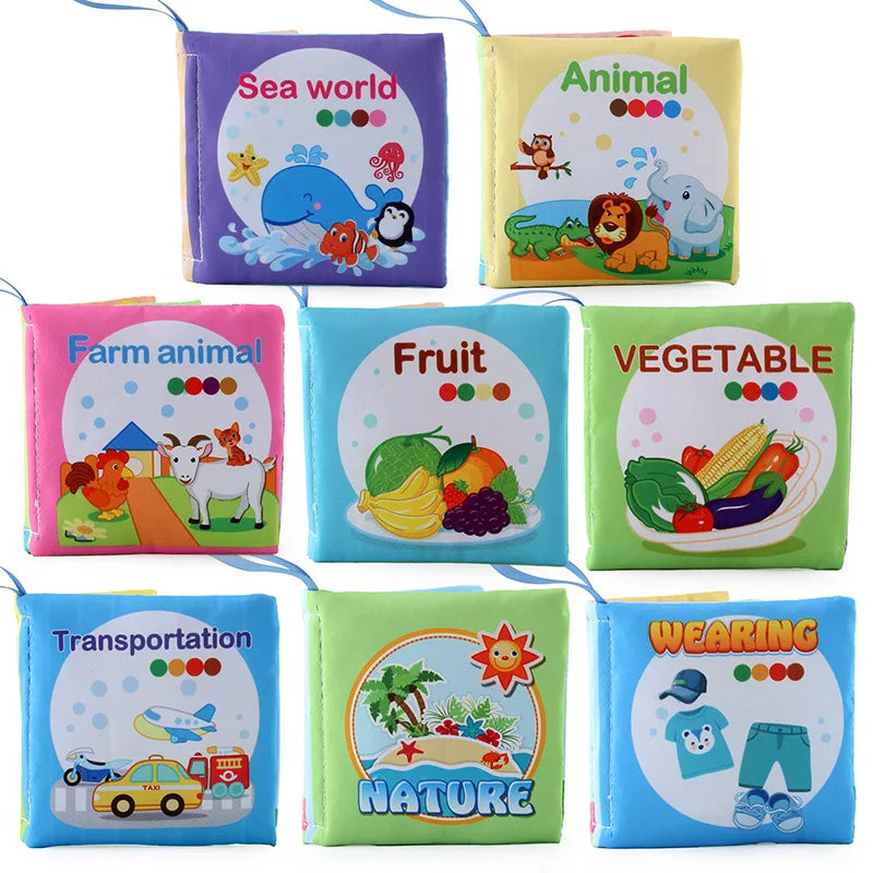 A collection of soft cloth books featuring various animals and nature themes for babies