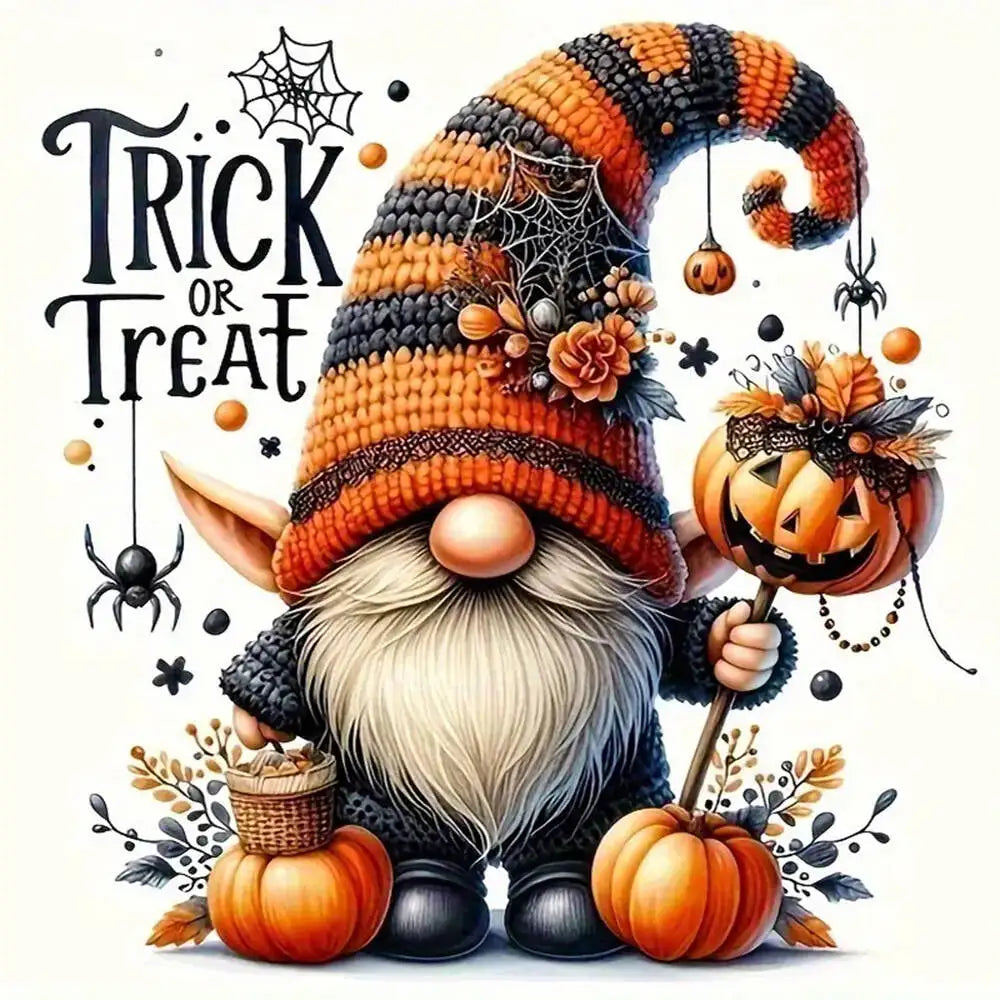 A whimsical gnome illustration for a diamond painting kit featuring a full drill canvas.