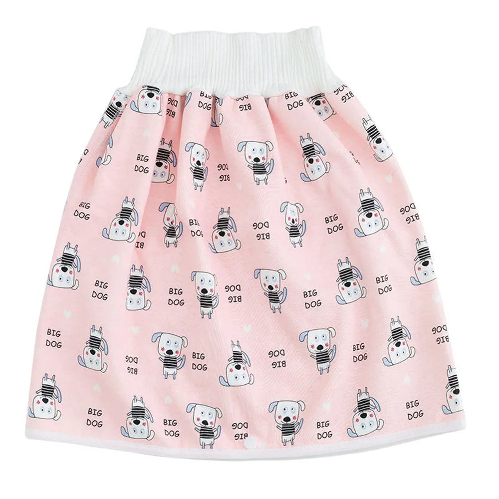 Pink waterproof baby diaper pants with a skirt featuring cute dog patterns for potty training