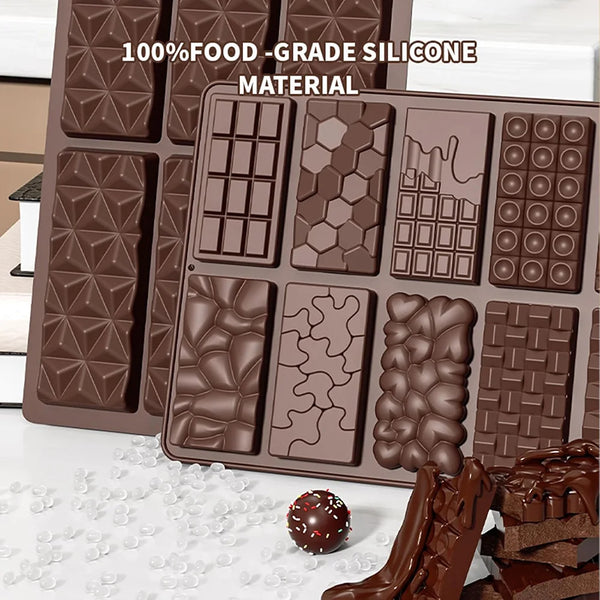 Set von 100% lebensmittelechten Silikonformen zum Herstellen verschiedener Schokoladenriegel-Formen und Muster.