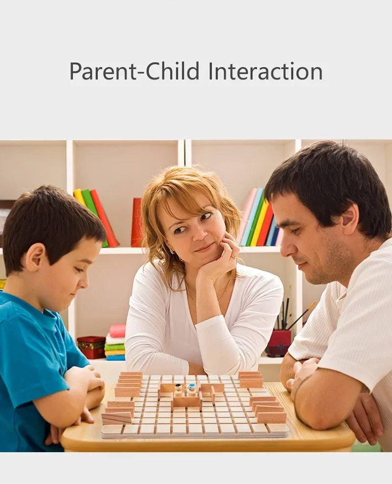 A father and son interact while playing a wooden strategy chess game.
