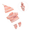 A pink knitted winter romper outfit for a reborn doll, including a matching hat and separate pieces.